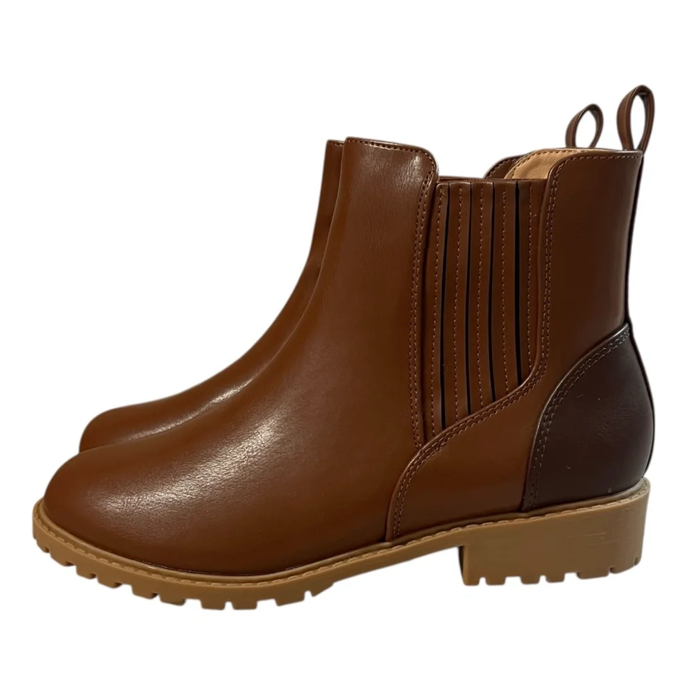 Brown Side Zip Lug Sole Ankle Boots Girls Size 4Y Faux Leather Chelsea Style